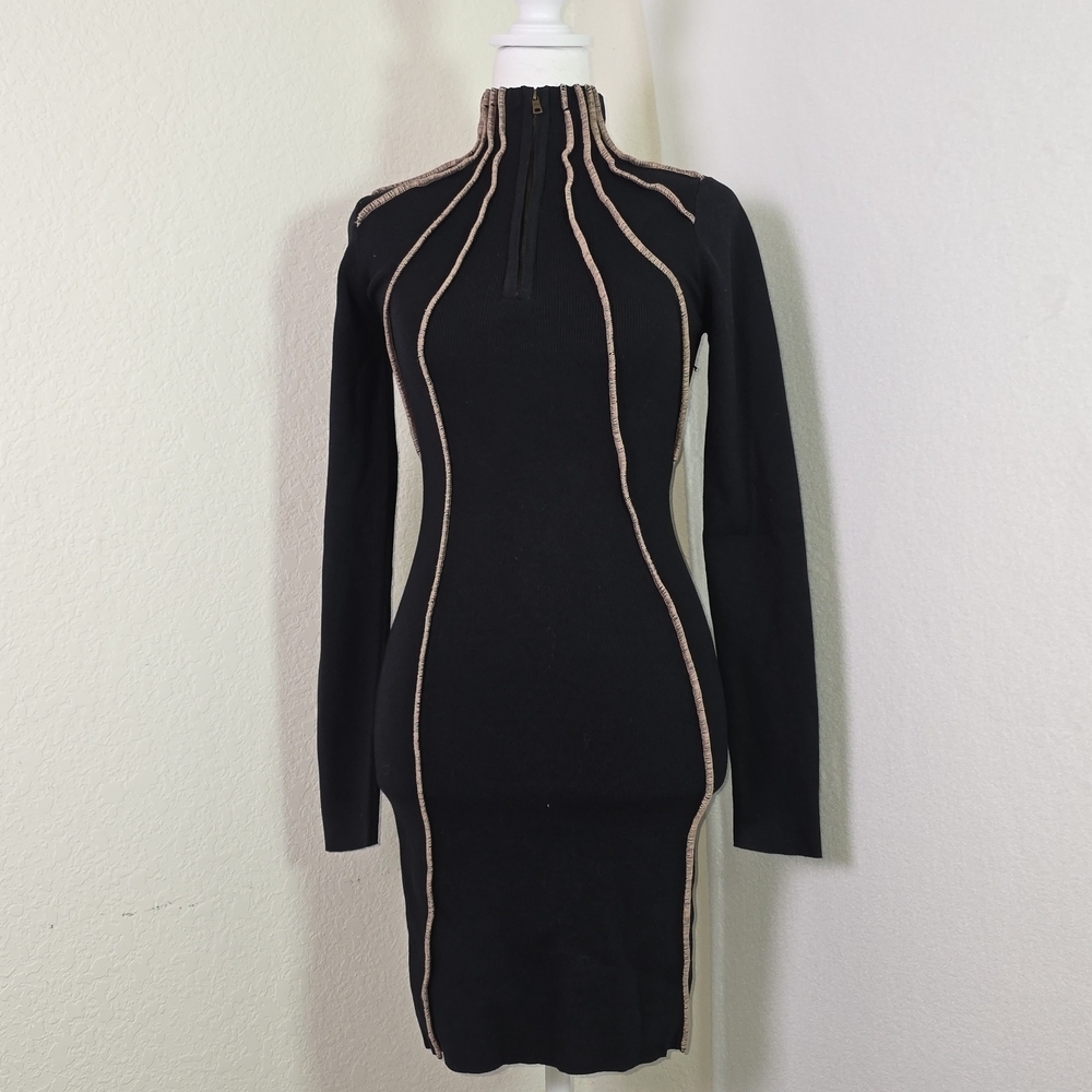 Rehab Lab Black Bodycon Dress – Contrast Stitch Ribbed Knit Mini  Size Small NWT